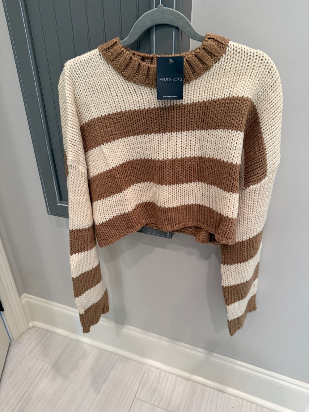 Impressions Striped Cropped Crewneck Sweater - Cream & Brown